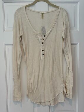 NWT Free People Toosalossa Cream Henley Lace-Trim Long Sleeve Top